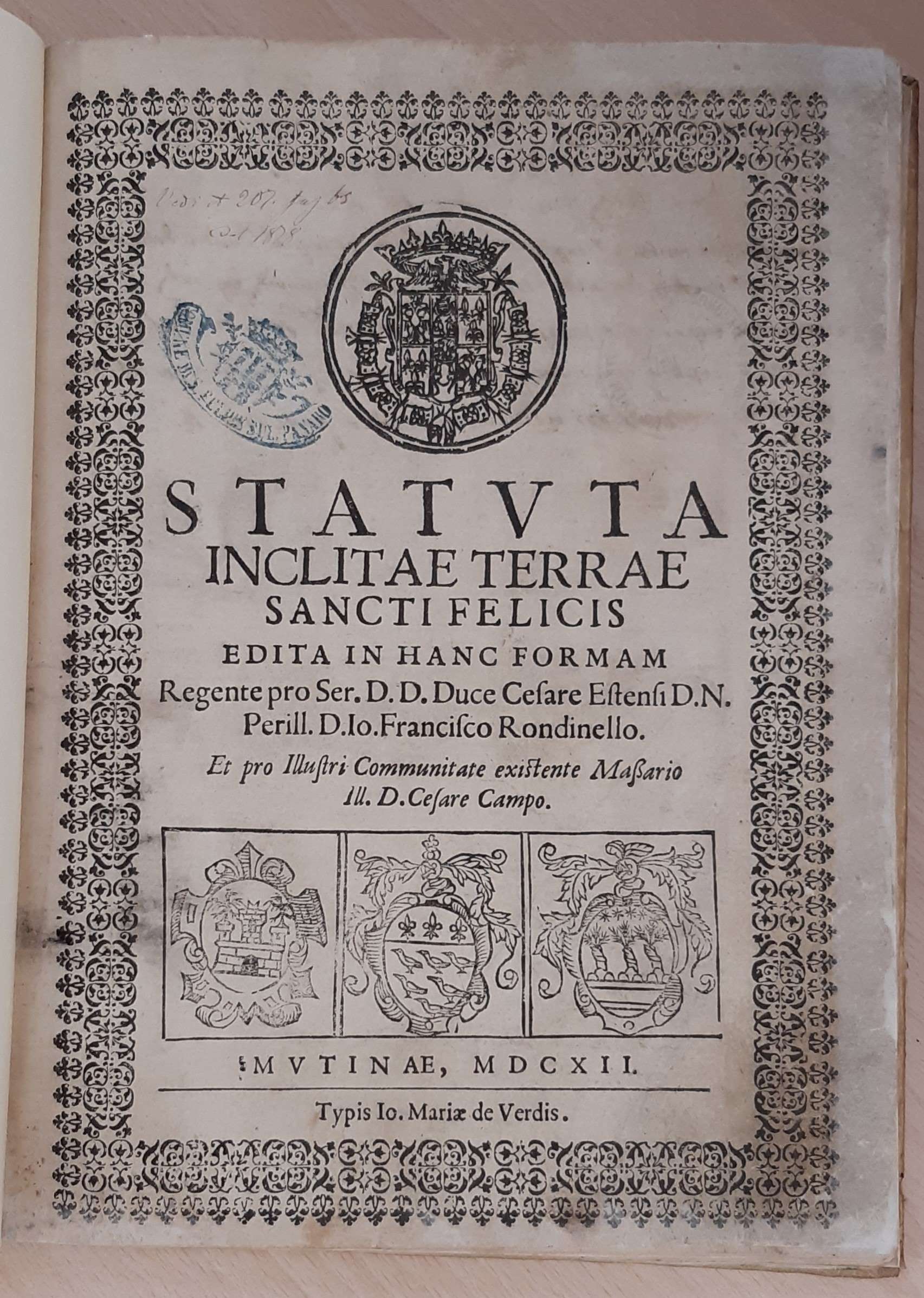 FRONTESPIZION STATUTI SF 1612 COPIA BIBLIO