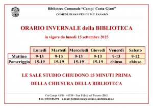 ORARIO INVERNALE DI APERTURA DELLA BIBLIOTECA DA LUNEDI 15 SETTEMBRE