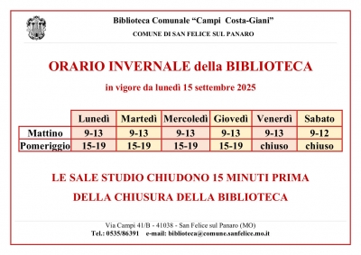 ORARIO INVERNALE DI APERTURA DELLA BIBLIOTECA DA LUNEDI 15 SETTEMBRE